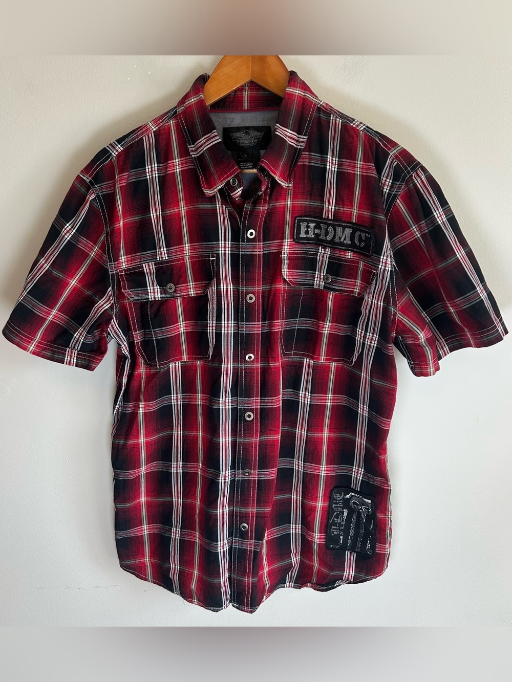 Harley-Davidson Mens Shirt Sz L Plaid SS Snap Button Biker HDMC Patch Skull 2014